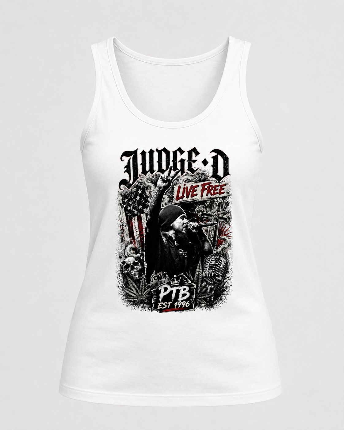 Women's White Live Free Judge D Tank
