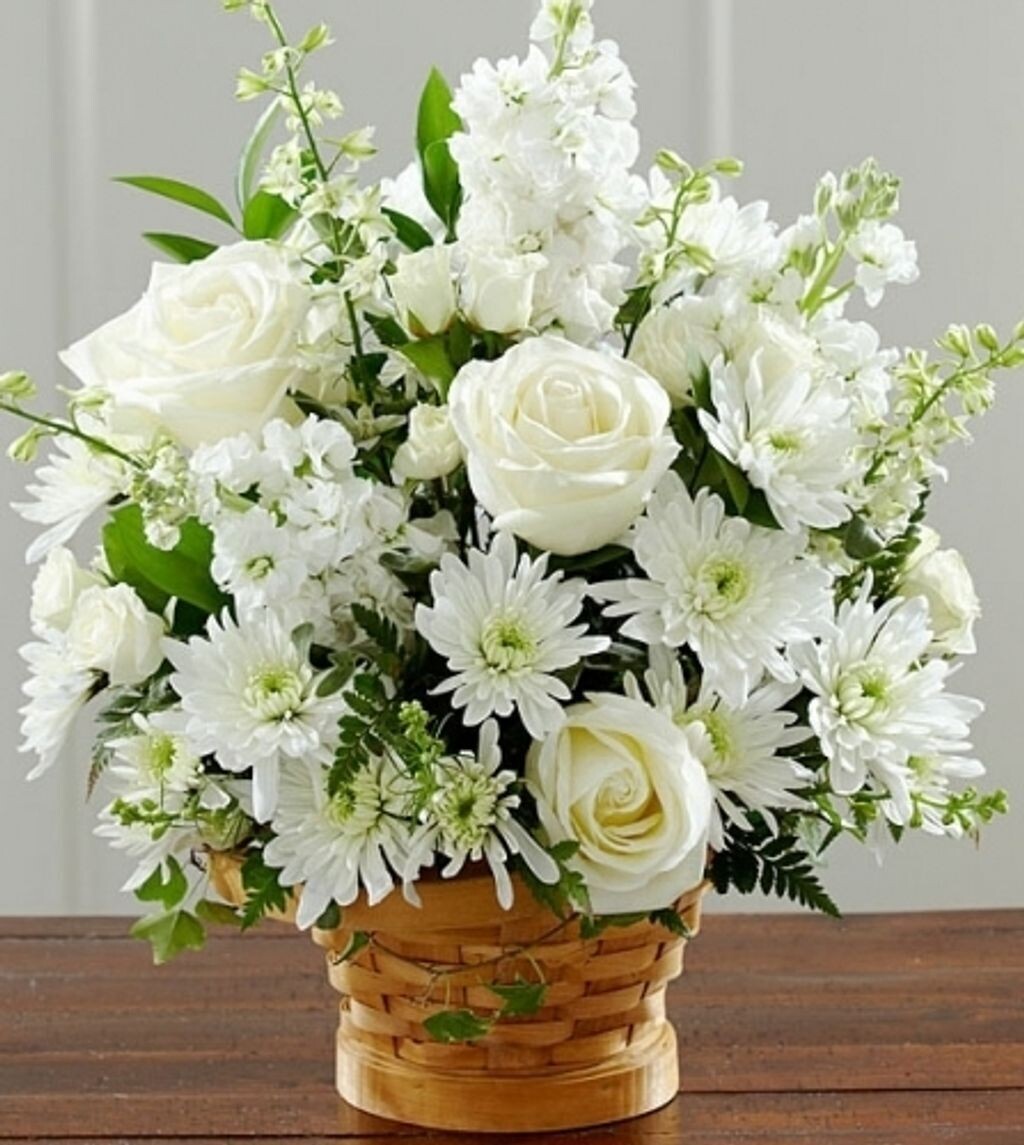 WHITE ROSE FUNERAL BASKET
