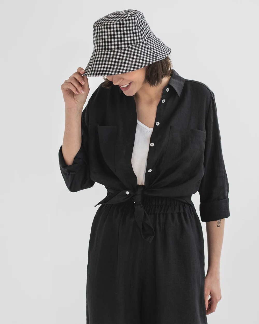 Linen Bucket Hat in Black Gingham