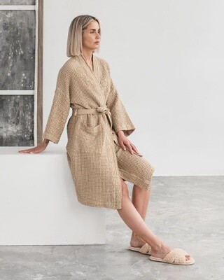 Short Waffle Bath Robe in Beige