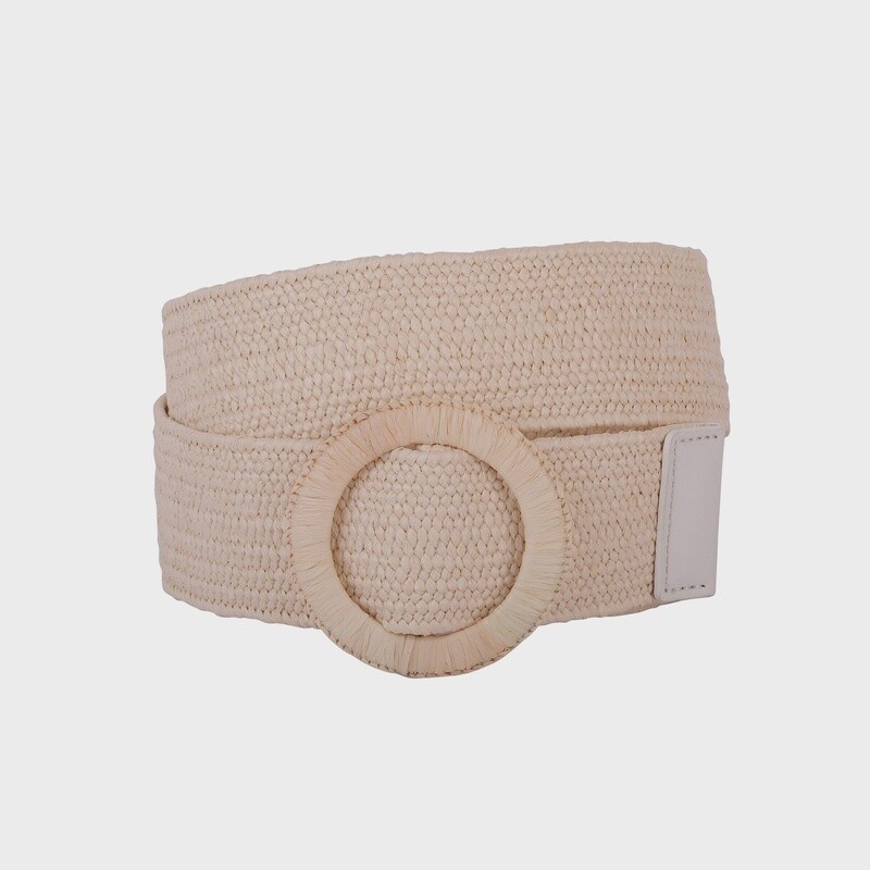 Woven Raffia Circle Buckle Stretch Waist Belt, Colour: Beige, Size: SM