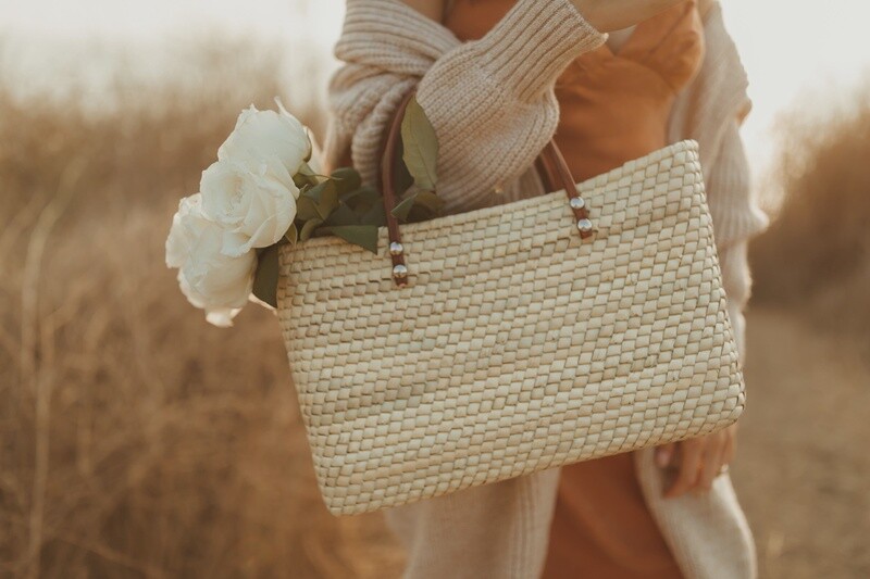 Juniper Straw Market Tote with Leather Handles