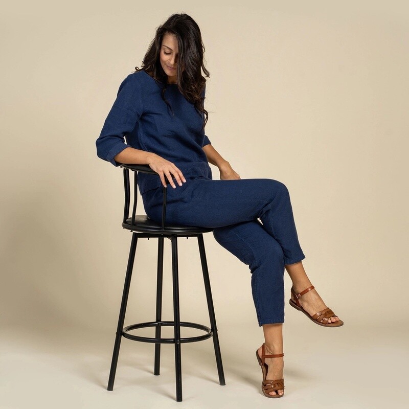 Dakota High-Waisted Linen Pants in Storm Blue
