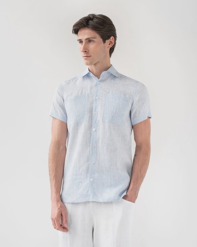 Short Sleeve Linen Shirt Portland In Pinstripe Blue