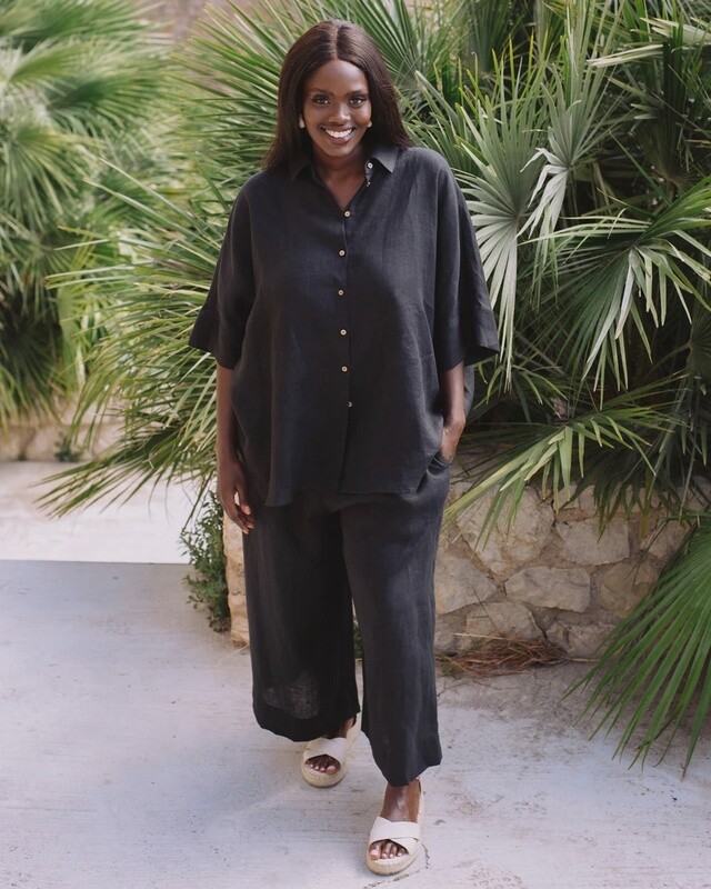 Bruny Wide Leg Linen Cullote Pants In Black