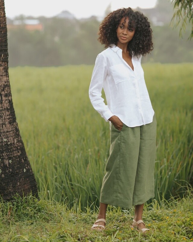 Bruny Wide Leg Linen Cullote Pants In Forest Green