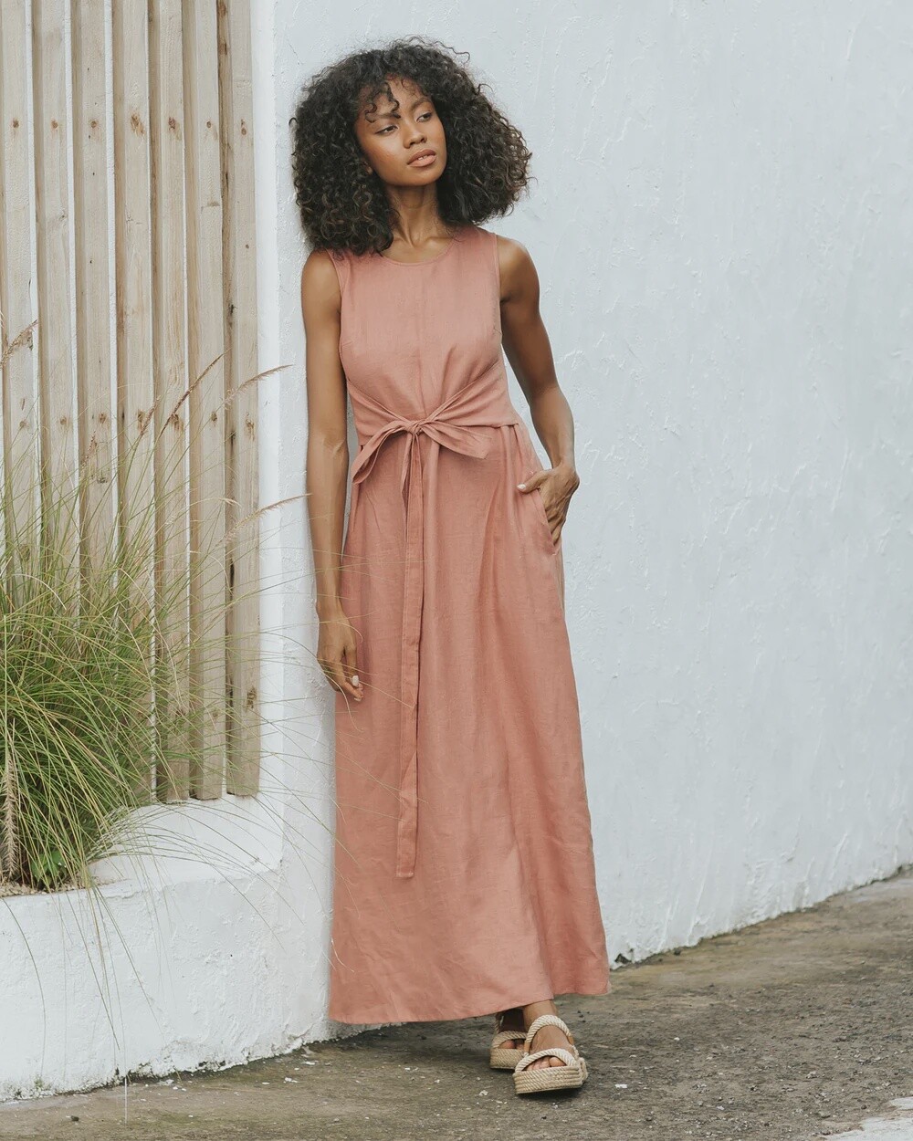Boracay Long Linen Dress In Clay Pink