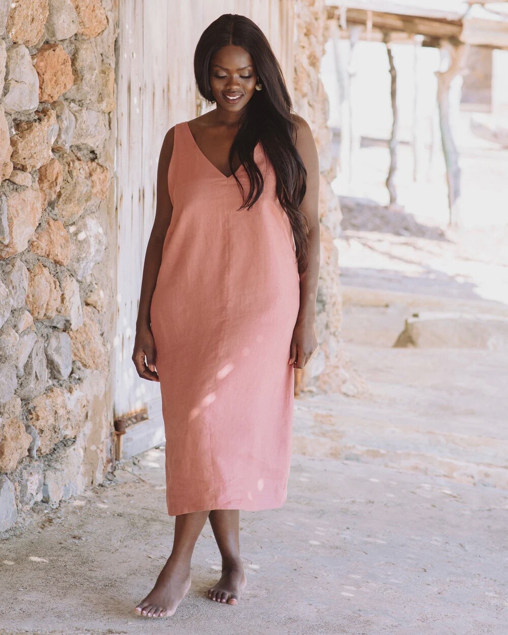Tahiti Cut-Out Linen Dress In Clay Pink