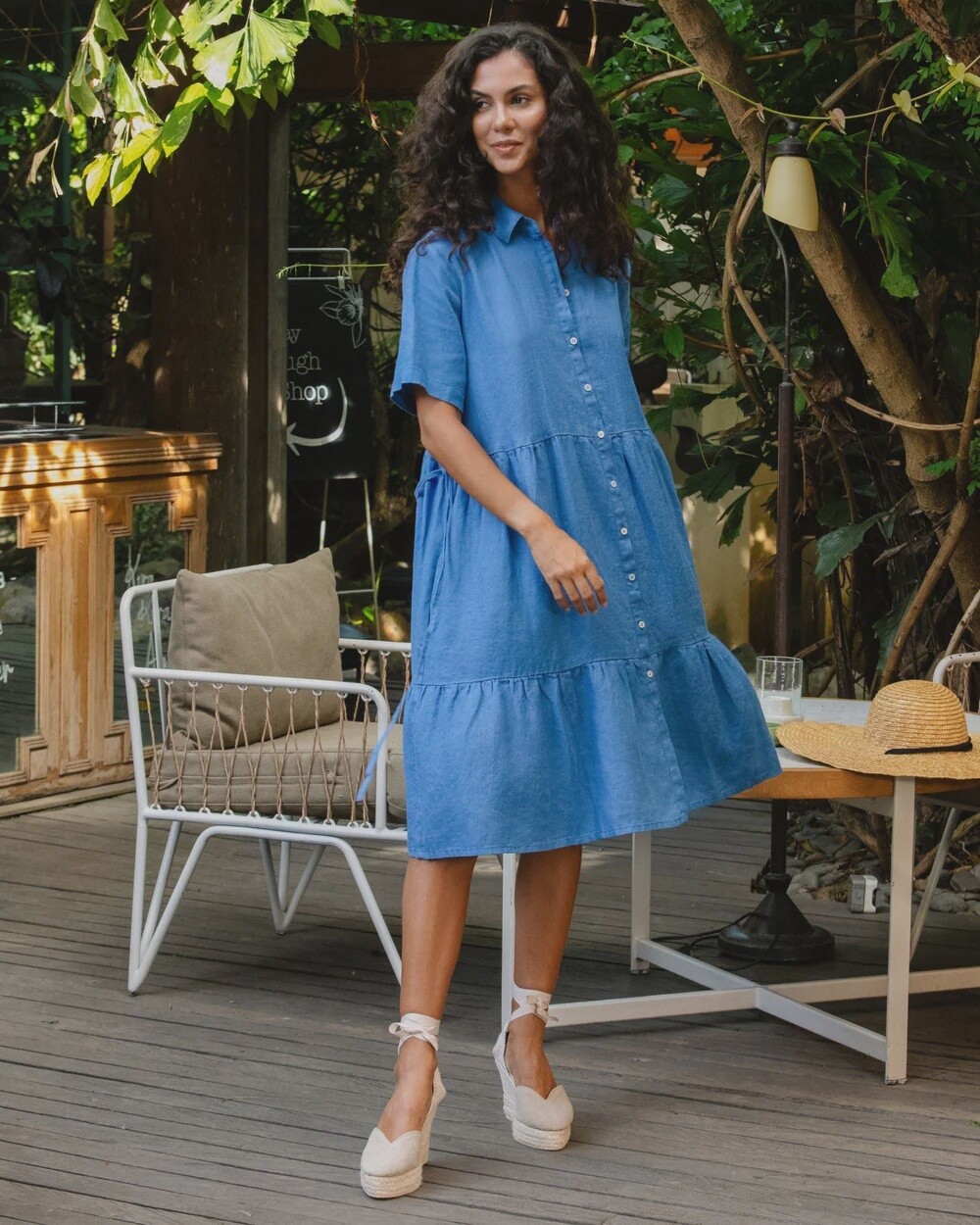 Petra Tiered Linen Dress In Cobalt Blue