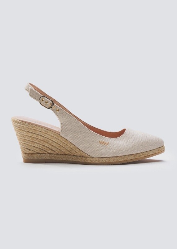 Palomera Canvas Slingback Buckle Wedges in Beige