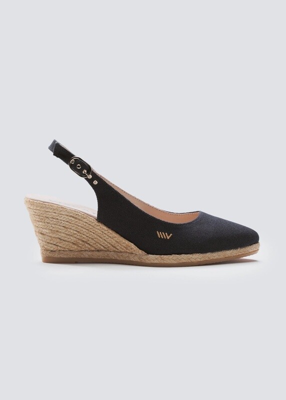 Palomera Canvas Slingback Buckle Wedges in Black