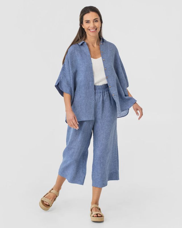Bruny Wide Leg Linen Cullote Pants In Denim Chambray