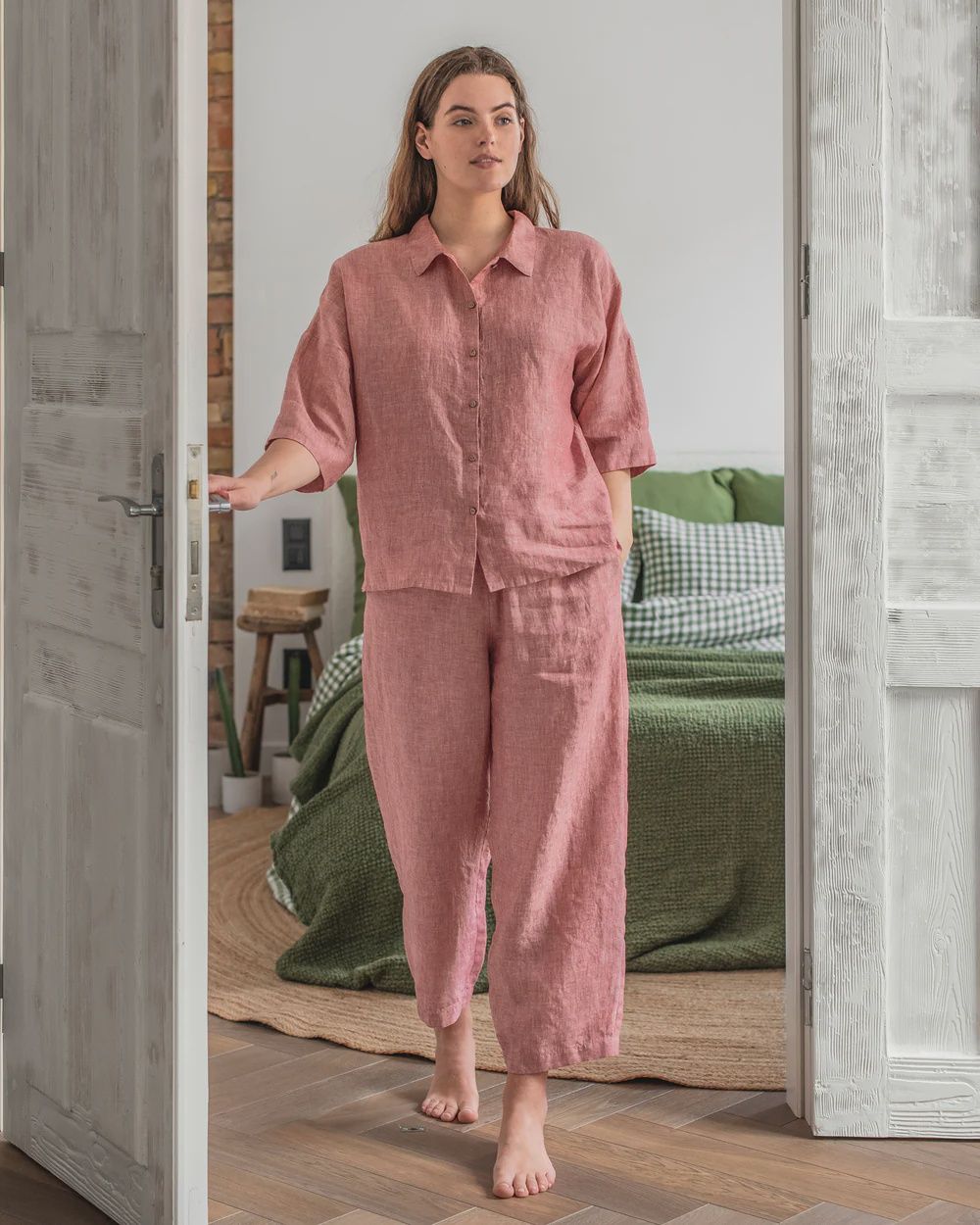 Linen Pajama Set Aveira In Cranberry