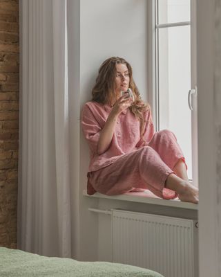 Linen Pajama Set Aveira In Cranberry