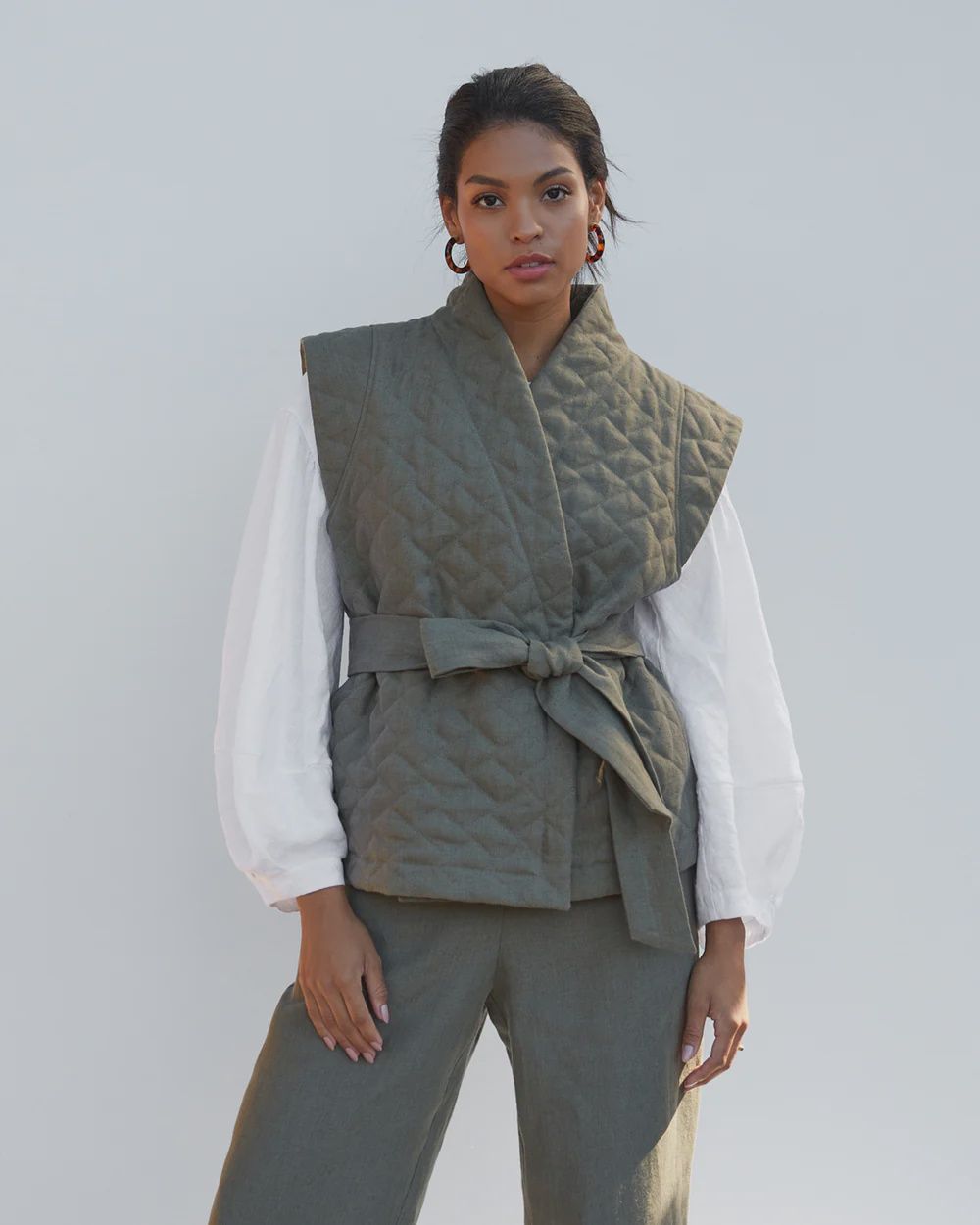 Linen Quilted Vest Fonni In Dark Green