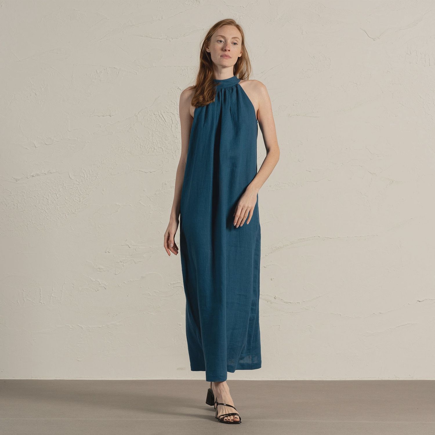 Linen Maxi Halter Neck Dress Rachel In Dark Green
