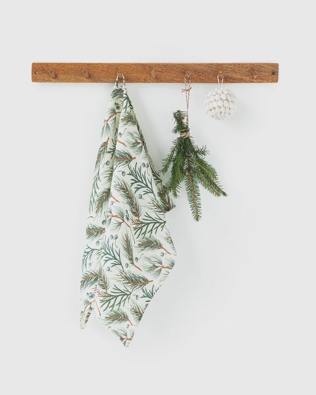 Winter Print Linen Tea Towel In White