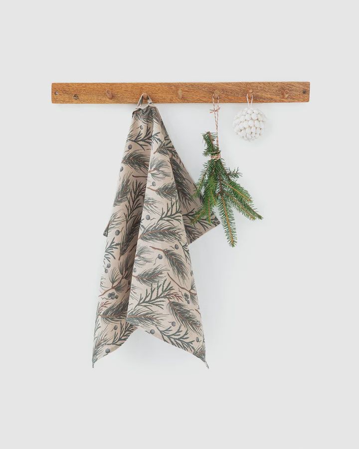 Winter Print Linen Tea Towel In Natural