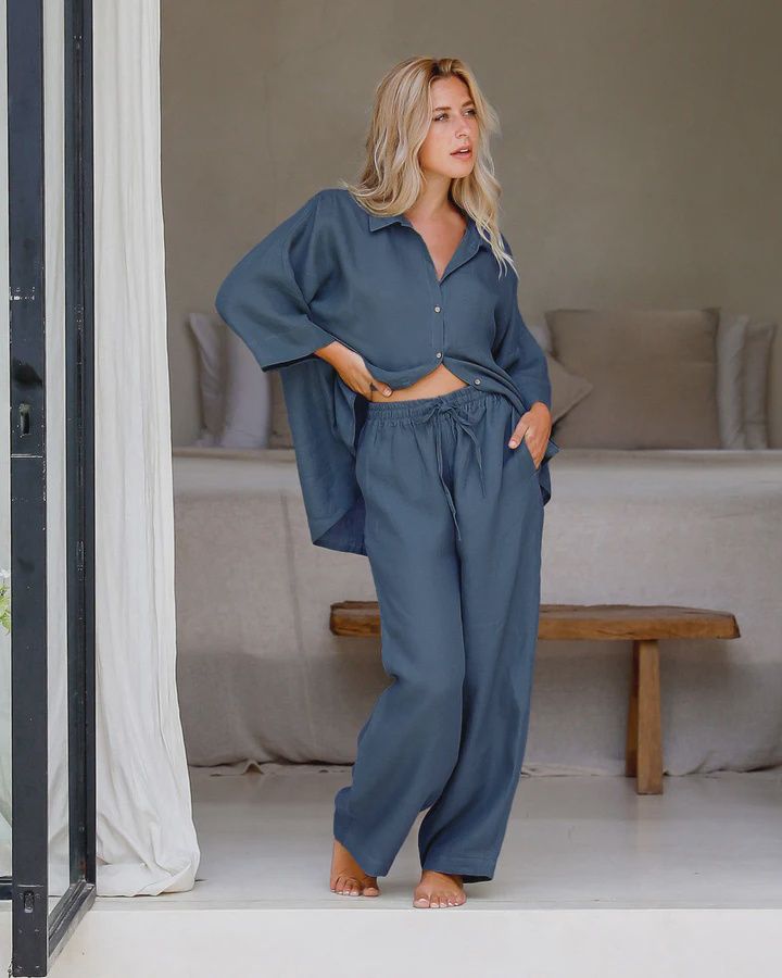 Linen Pajama Set Aveira In Deep Navy Blue
