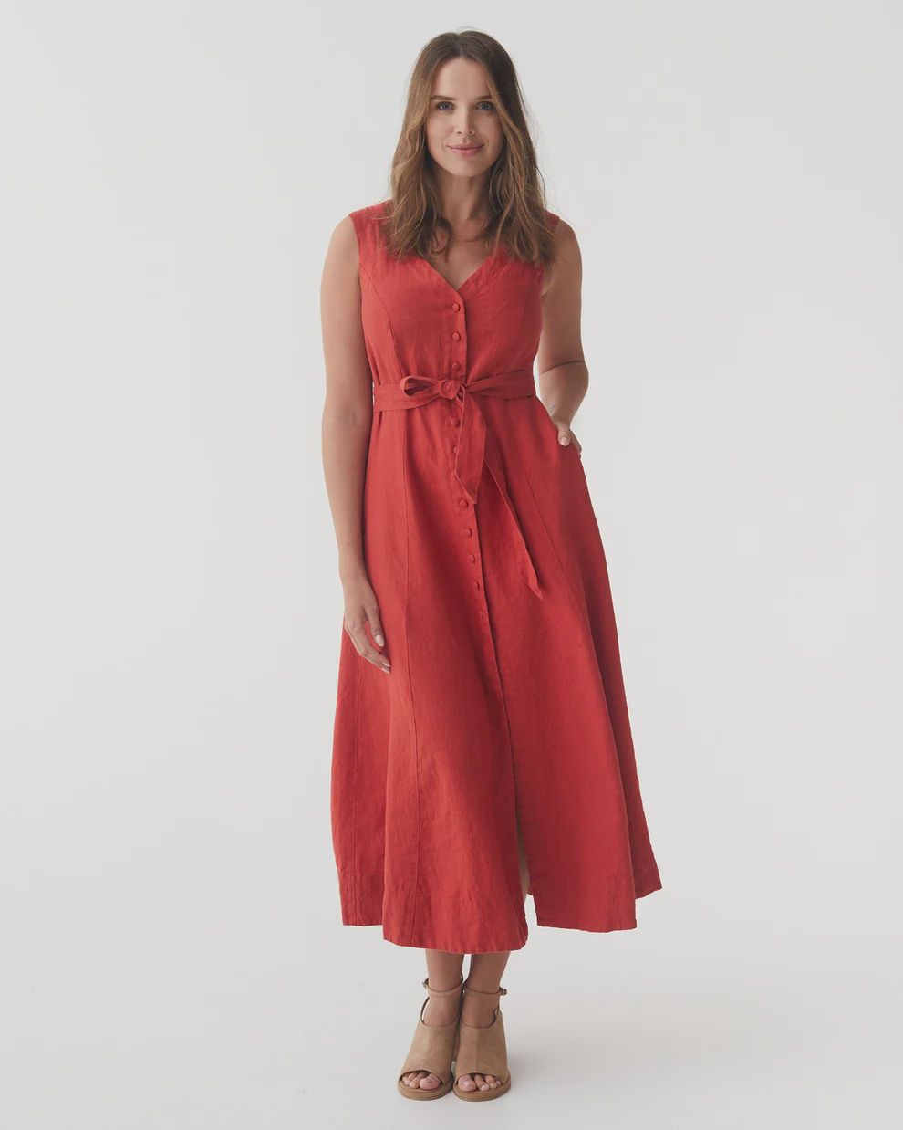 Sleeveless Linen Dress Acadia In Aurora Red
