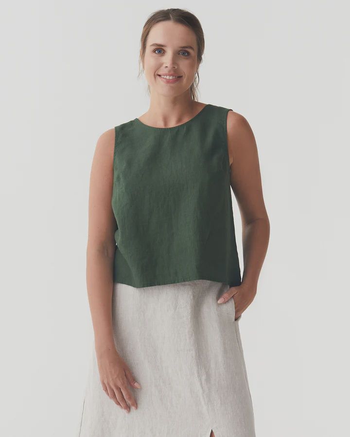 Split Back Linen Top Tonga In Deep Green
