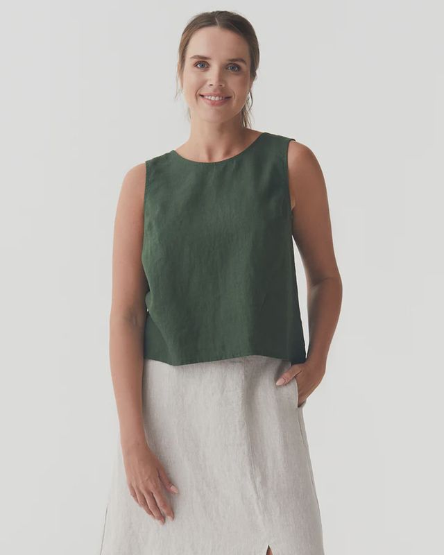 Split Back Linen Top Tonga In Deep Green