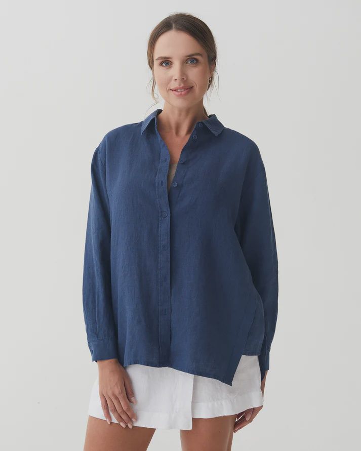 Long-Sleeve Linen Shirt Islay In Deep Navy Blue