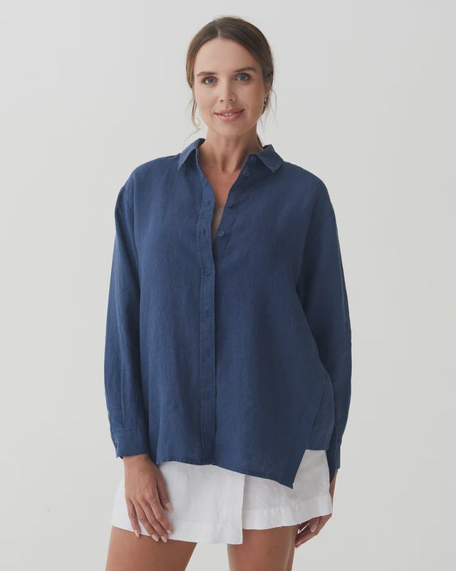Long-Sleeve Linen Shirt Islay In Deep Navy Blue