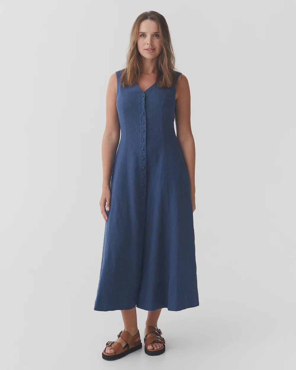 Sleeveless Linen Dress Acadia In Deep Navy Blue