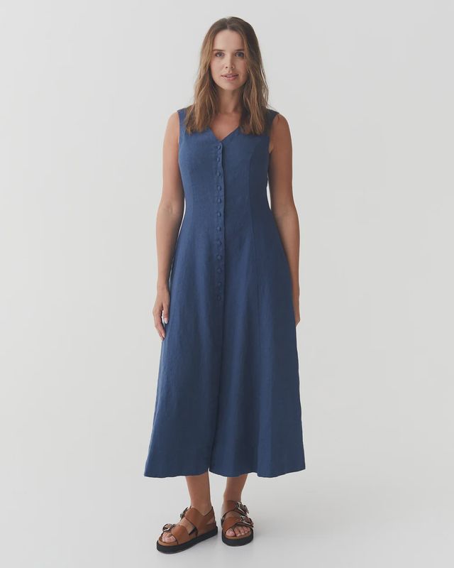 Sleeveless Linen Dress Acadia In Deep Navy Blue