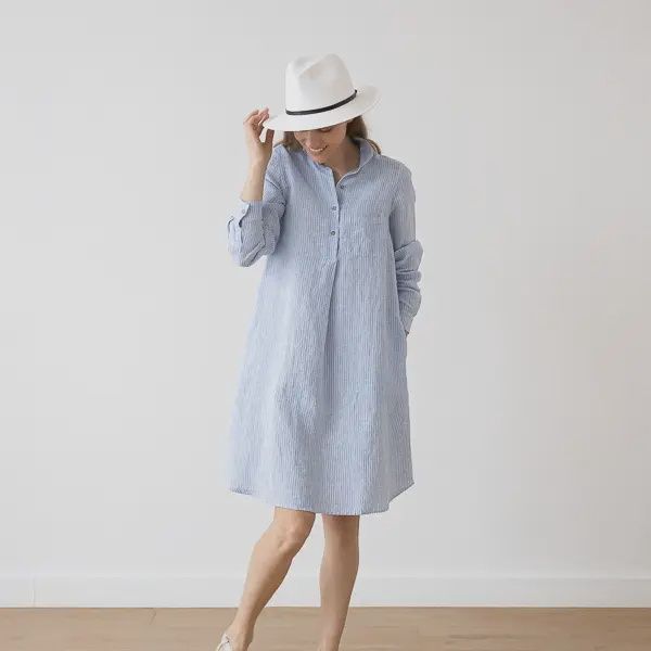 Medium Stripe Linen Dress Camilla In Light Blue