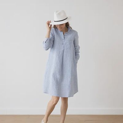 Medium Stripe Linen Dress Camilla In Light Blue