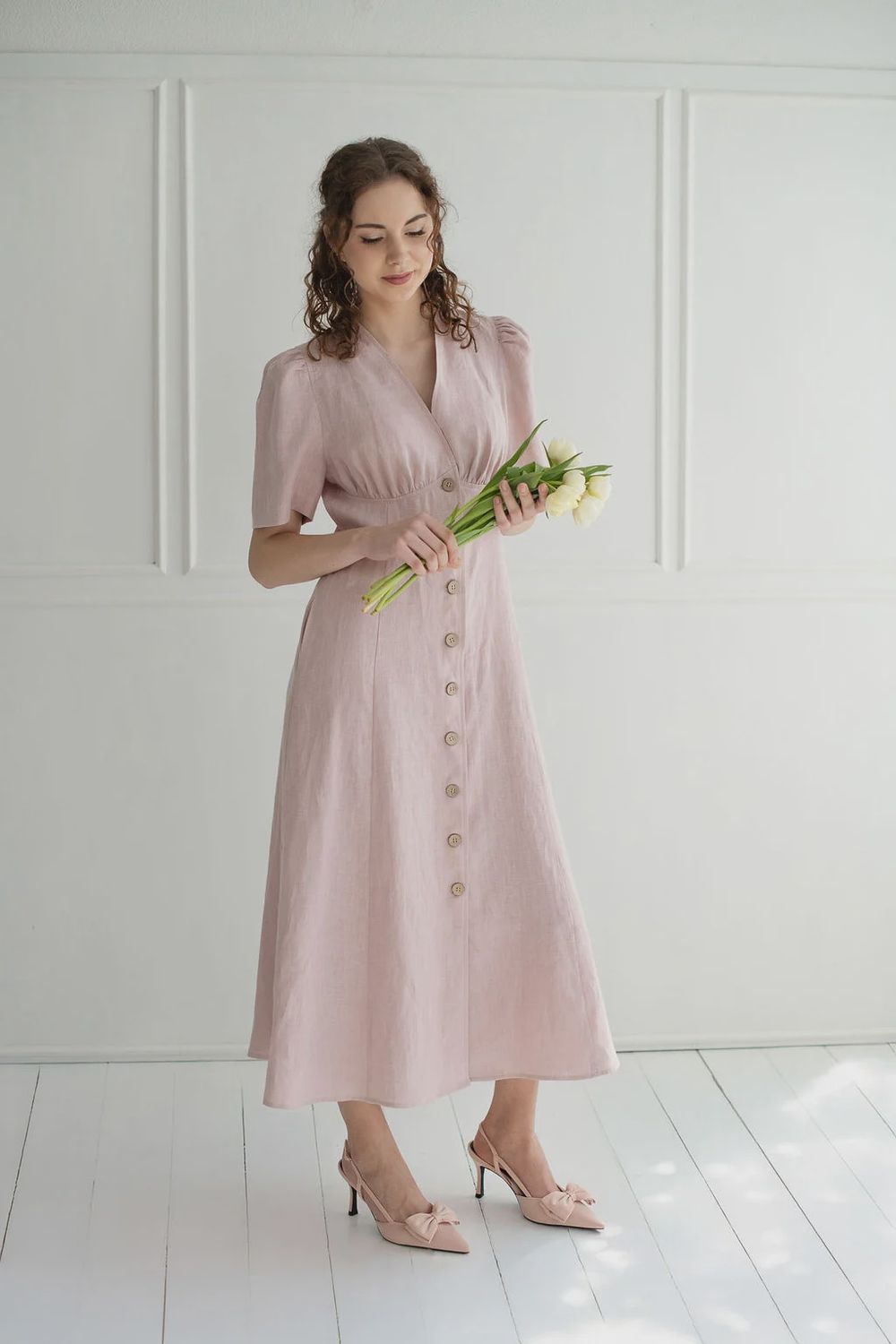Boho Linen Dress In Dusty Pink