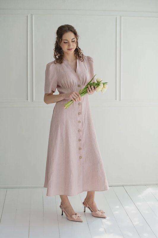Boho Linen Dress In Dusty Pink