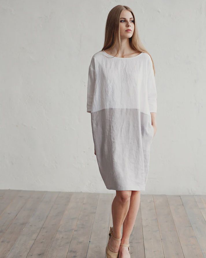 Adria Color-Block Linen Dress In White-gray