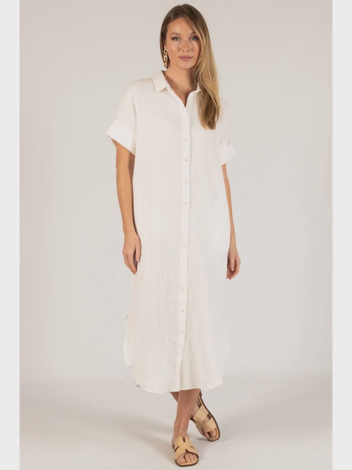 Heavy Gauze Button Up Shirt Dress In White