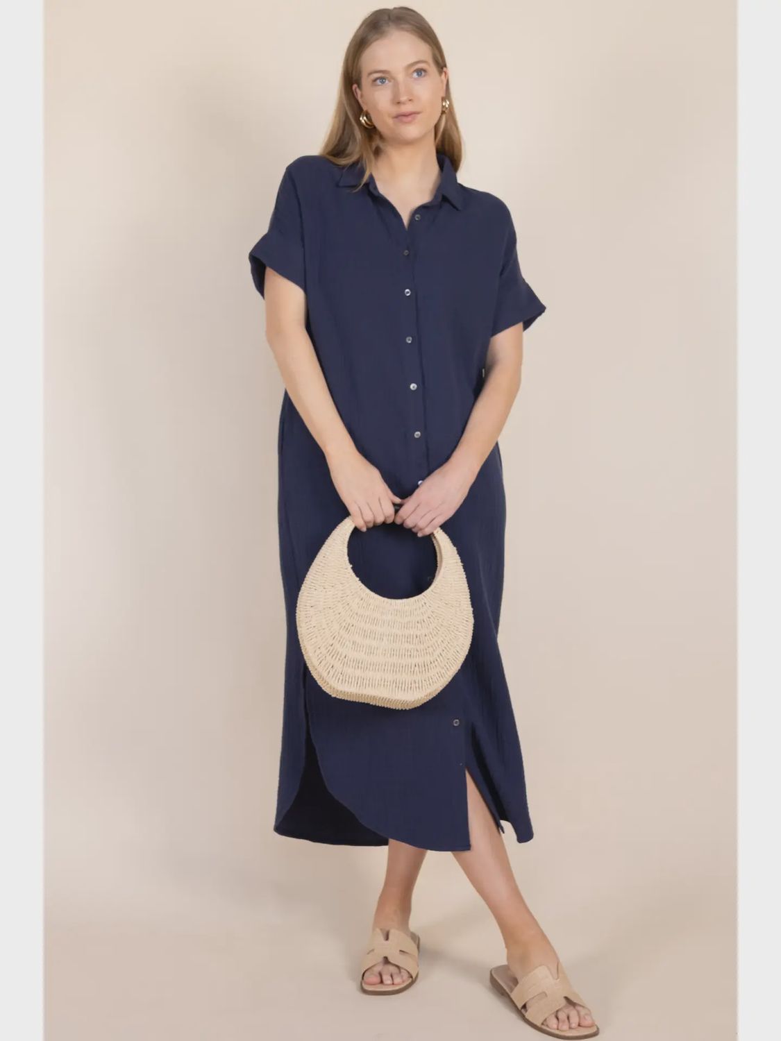 Heavy Gauze Button Up Shirt Dress In Prussian Blue