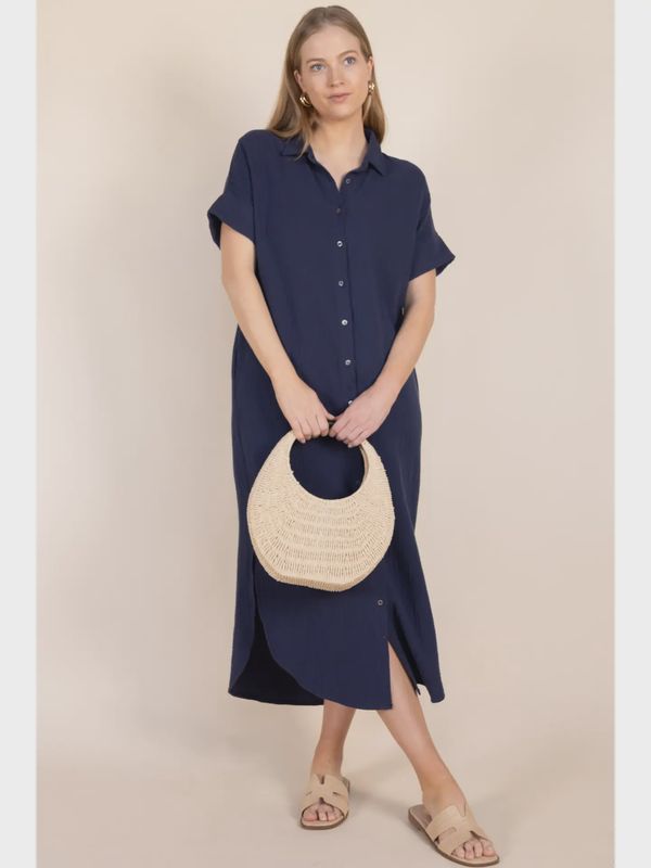 Heavy Gauze Button Up Shirt Dress In Prussian Blue