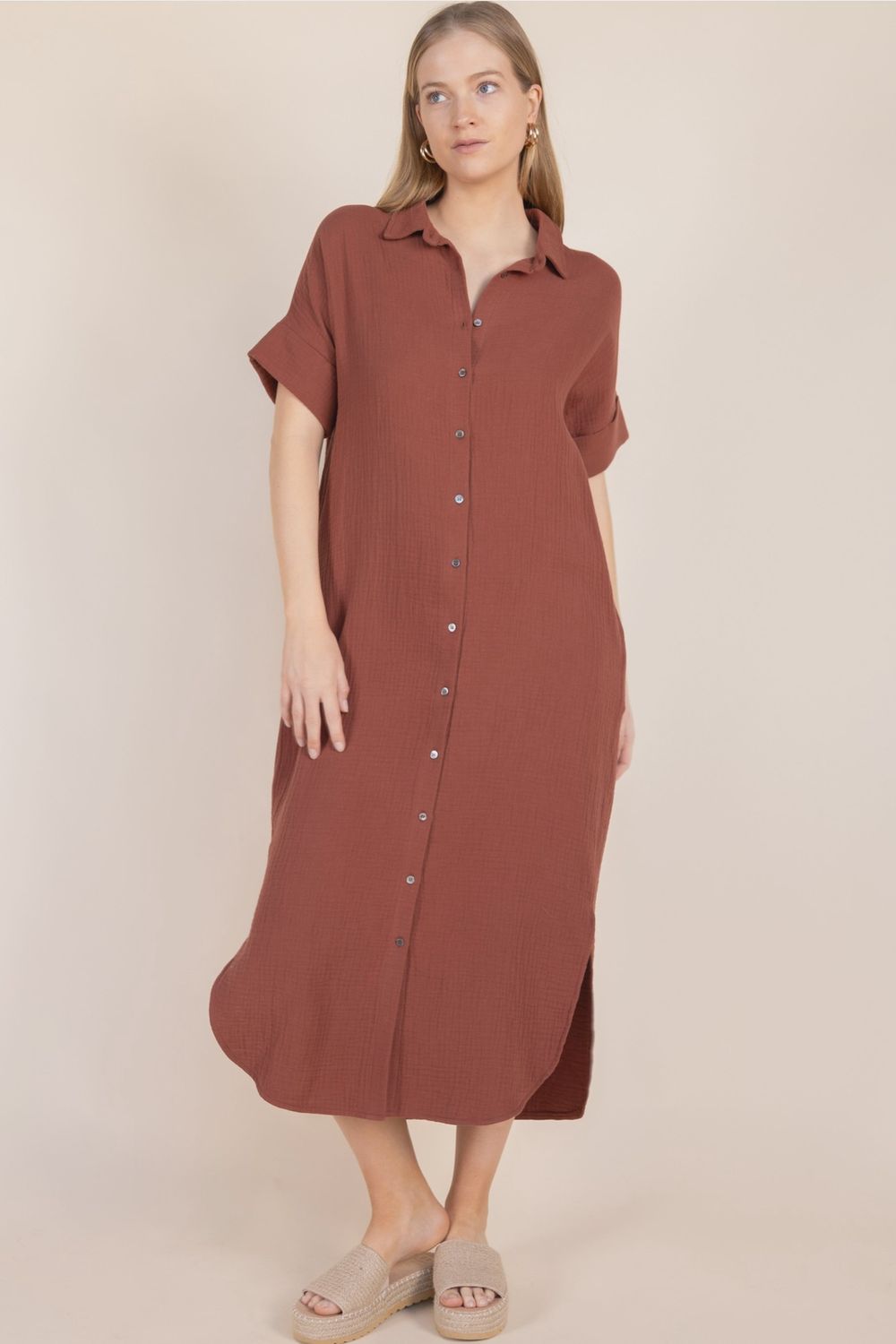 Heavy Gauze Button Up Shirt Dress In Rosy Brown