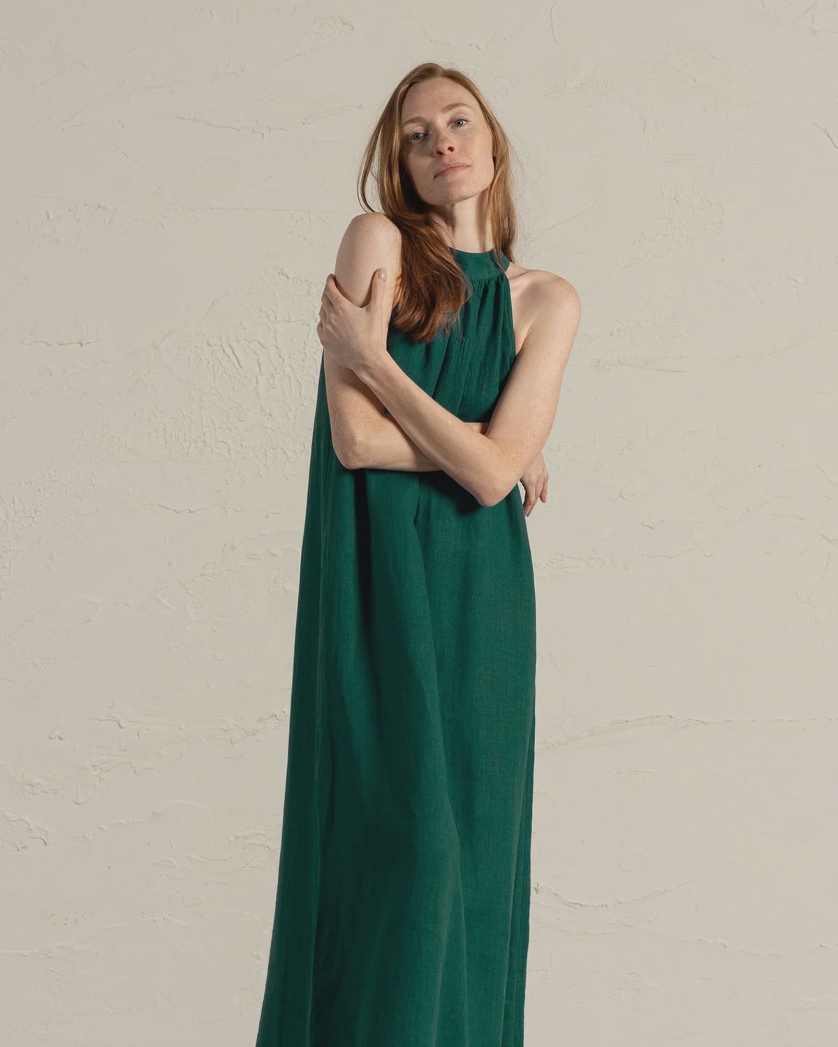 Linen Maxi Halter Neck Dress Rachel In Dark Green