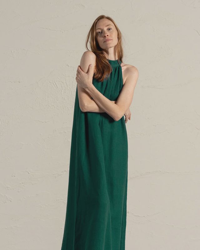 Linen Maxi Halter Neck Dress Rachel In Dark Green