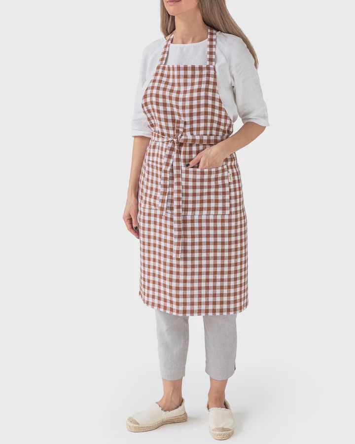 Cinnamon Gingham Linen Bib Apron