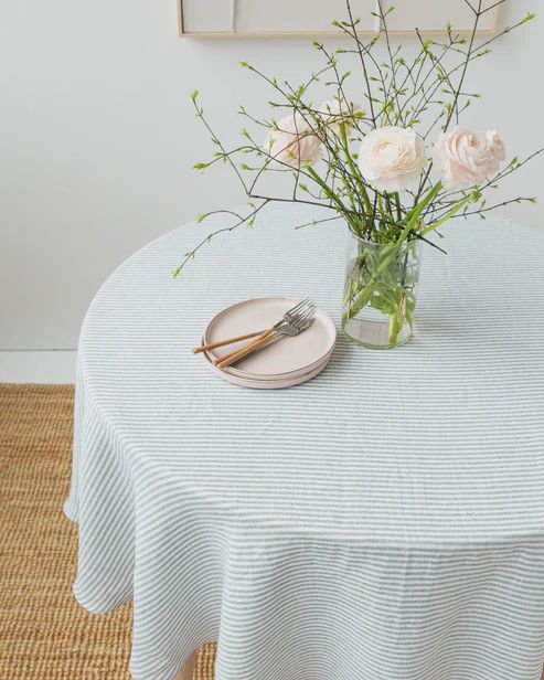 Round Linen Tablecloth In Striped Forest Green