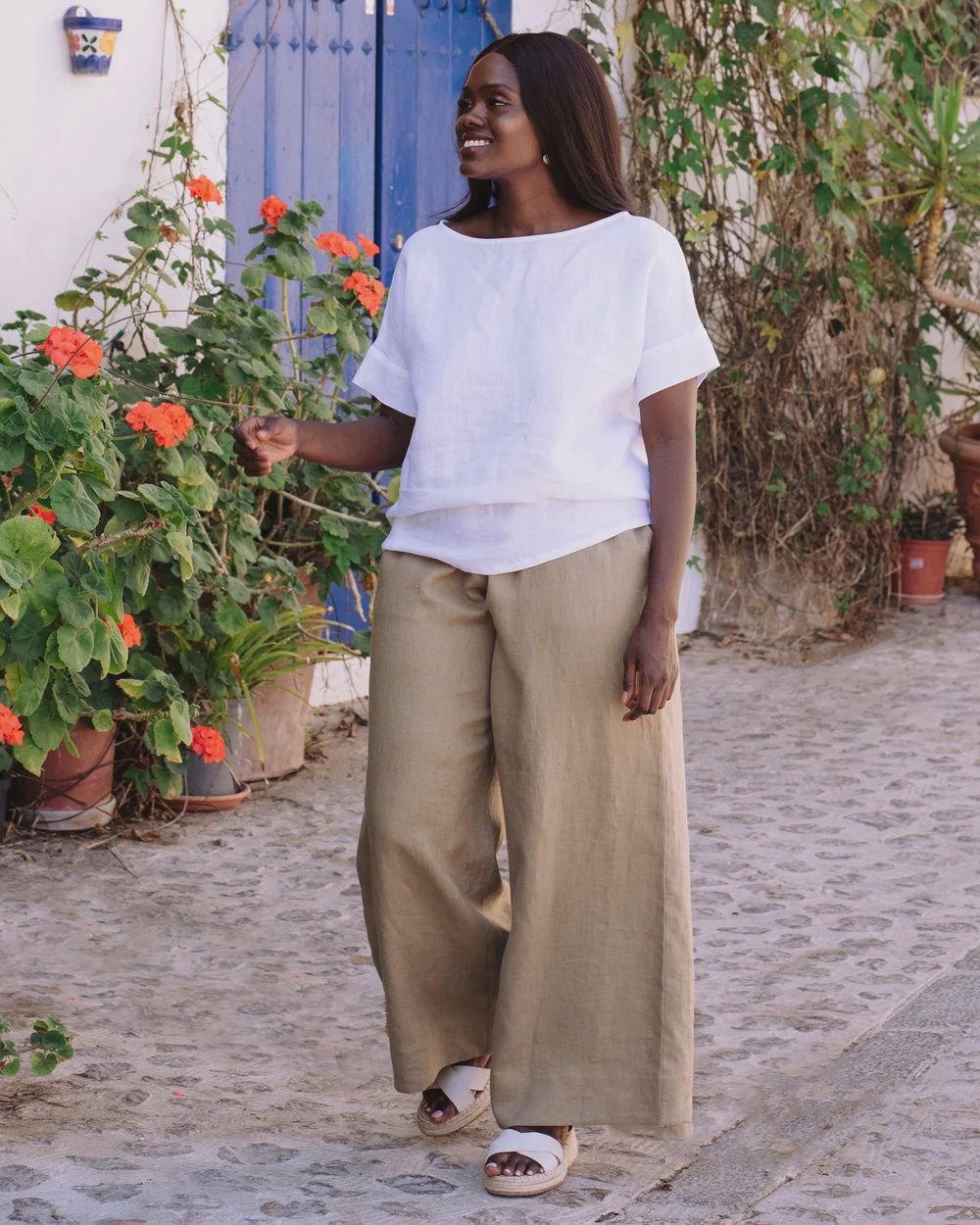 Alcudia Wide Leg Linen Pants In Dried Moss, Size: M