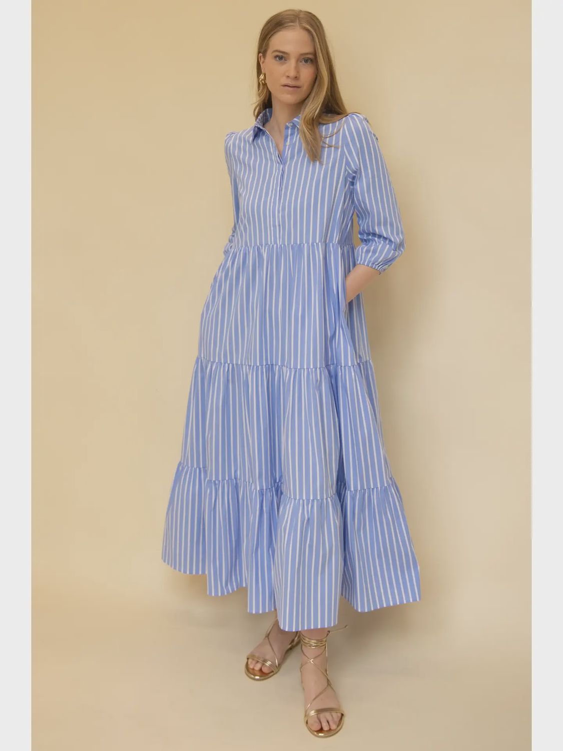 Striped Poplin Tiered Button Up Maxi Dress