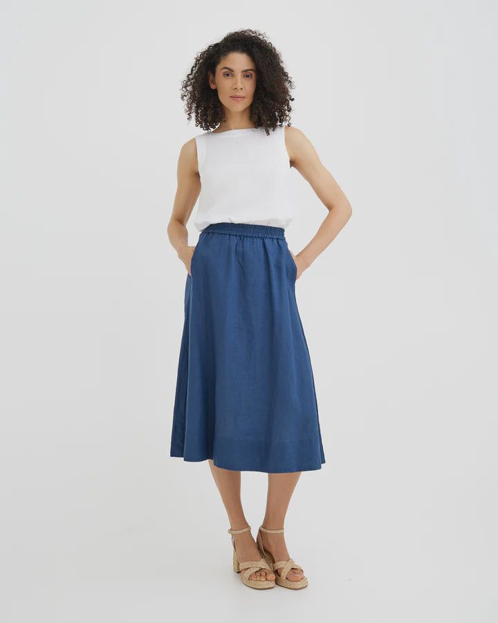 Midi Linen Skirt Austin In Deep Navy Blue