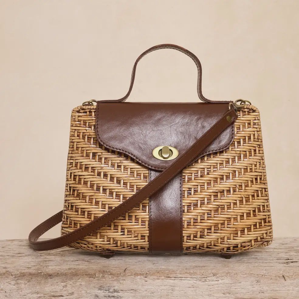 Dark Brown Leather Strap Rattan Handbag Crossbody