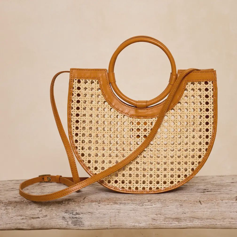 Brown Leather Square Cane Weave Rattan Handbag