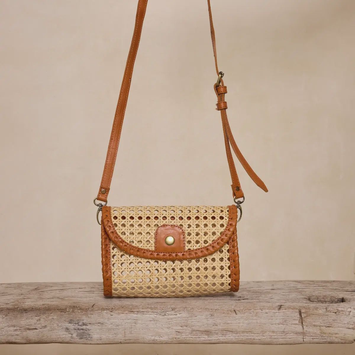 Brown Rattan Clutch with Leather Trim and Crossbody Strap