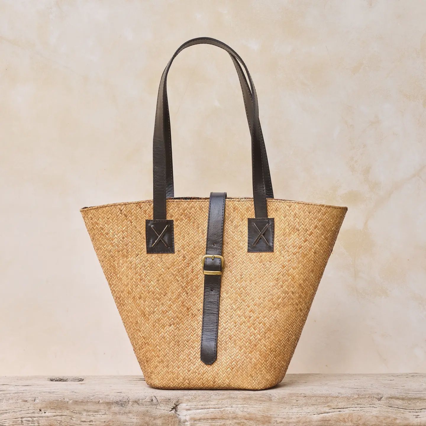 Rattan Beach Basket Tote Bag with Dark Leather Trim